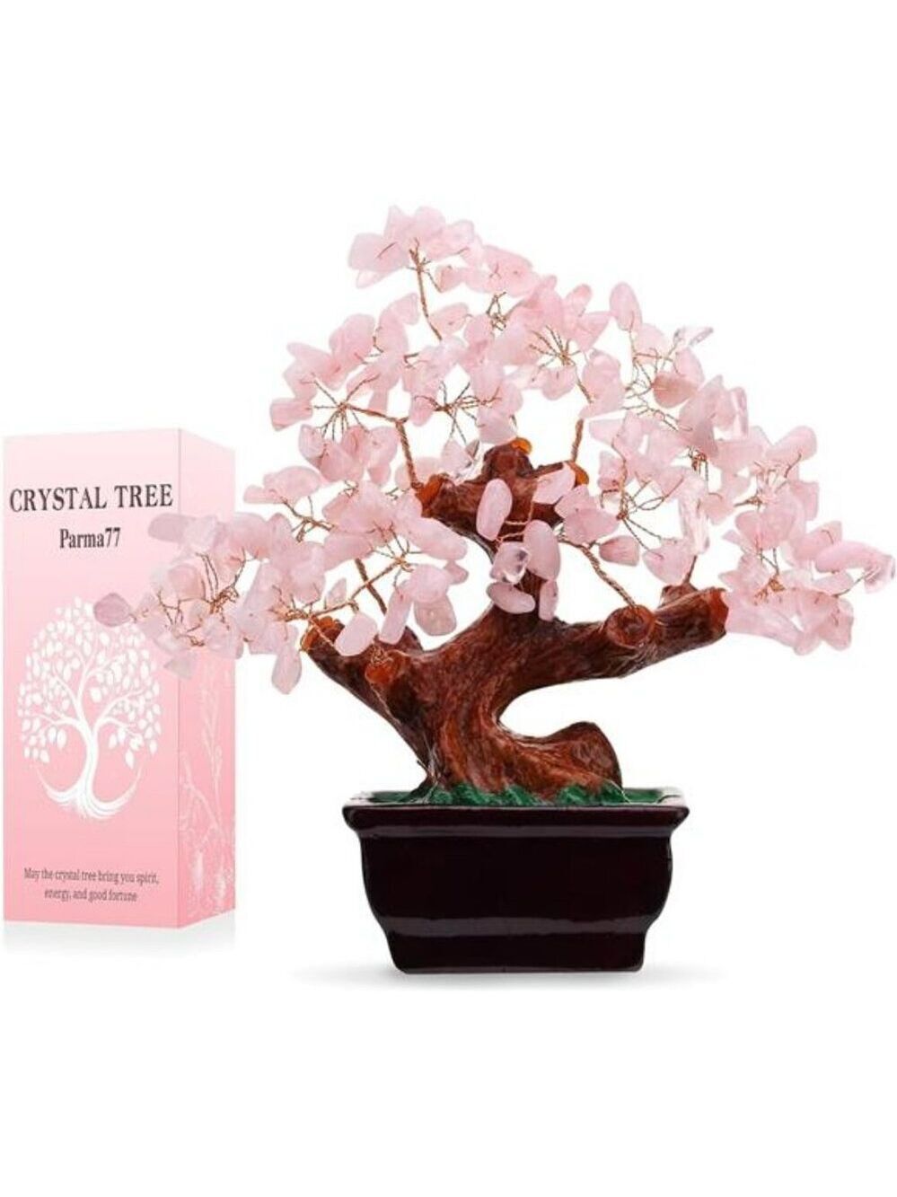 Rose quartz crystal money tree feng shui bonsai healing stone home office decor